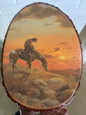 Sunset “ End of the Trail” Native American Western Plaque - Brown Orange Décor